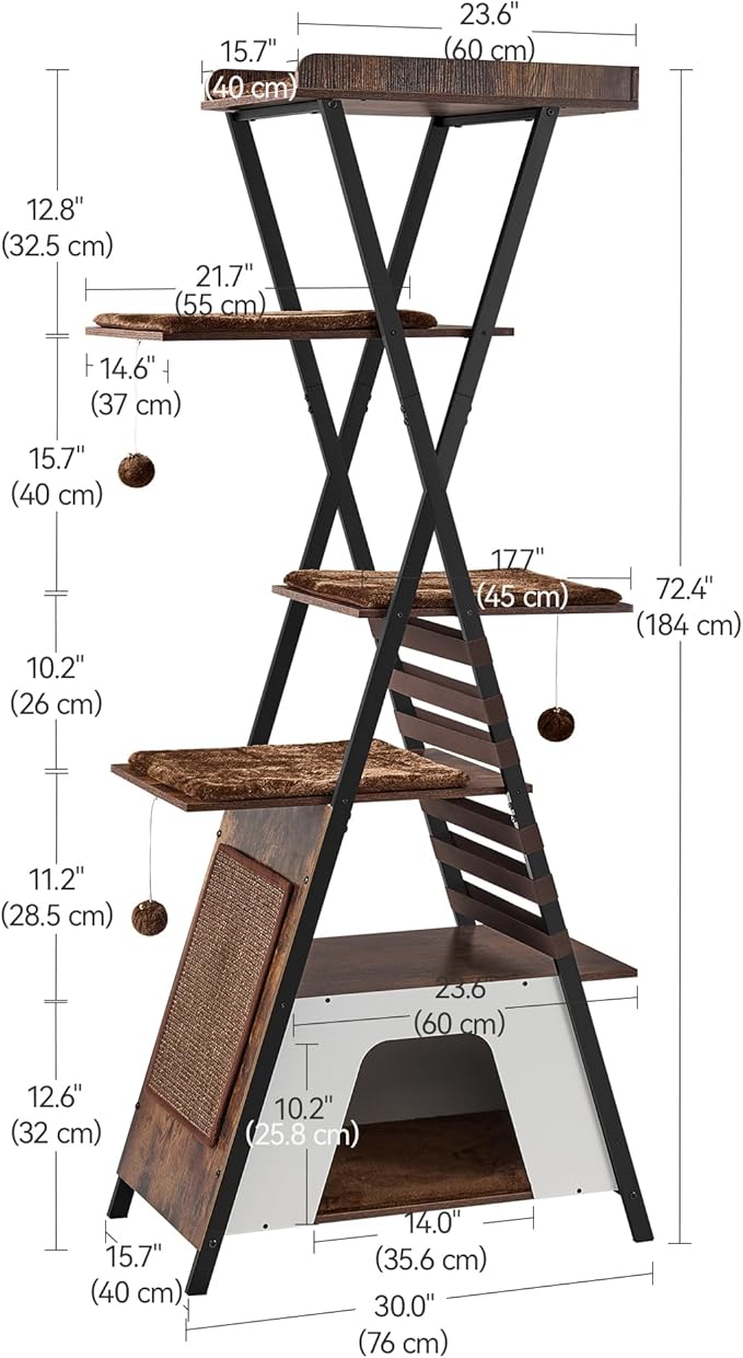 FourFurPets 72.4" Modern Cat Tower for Indoor Cats - Multi-Level Condo With Caves, Tall Tree With Scratching Board, Wooden Tower With Large Perch, Removable Pads, Rustic Brown-PawvioPets