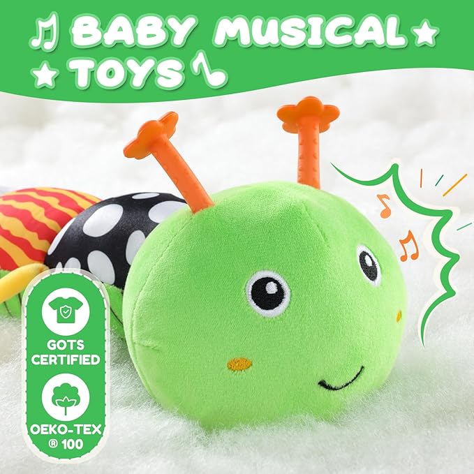 Baby Toys 0-6-12 Months,Musical Caterpillar Stuffed Animals Activity Infant Toys with Crinkle,Rattles,Mirror&Pull String,Muti-Sensory Toys Gifts for Newborn Tummy Time,Green,Knot prolegs-PawvioPets