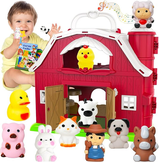 Big Musical Red Barn Toy Farm Animal Finger Puppets for 1 2 3 4 5 Years Old, Animal Figures Playset with Farm Tails Baby Book, Sensory Learning Toys Gift for Toddlers Boys Girls-PawvioPets