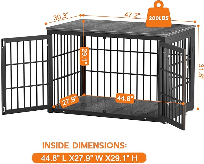 48 Inch Heavy Duty Dog Crate Furniture for Large Dogs, Decorative Pet House End Table, Extra Large Wooden Cage Kennel Furniture Indoor, Black and Gray-PawvioPets