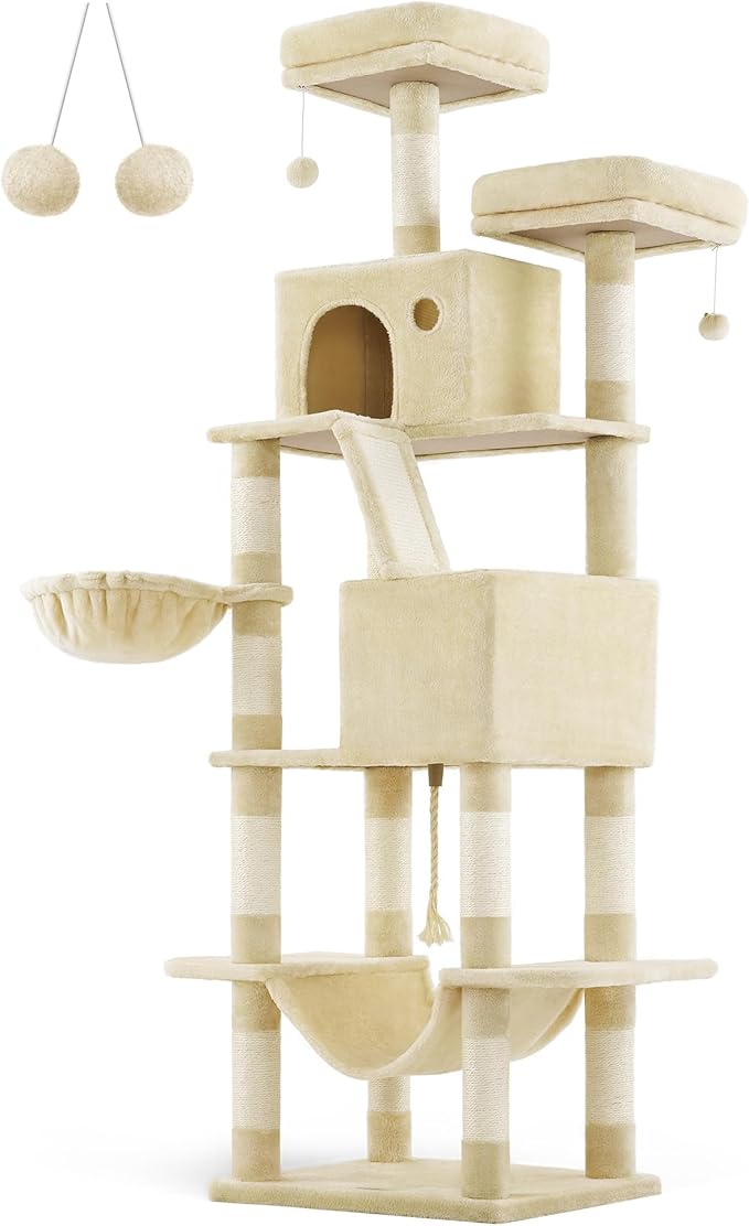 Feandrea Cat Tree, 81.1-Inch Large Cat Tower with 13 Scratching Posts, 2 Perches, 2 Caves, Basket, Hammock, Pompoms, Multi-Level Plush Cat Condo for Indoor Cats, Beige UPCT190M01-PawvioPets