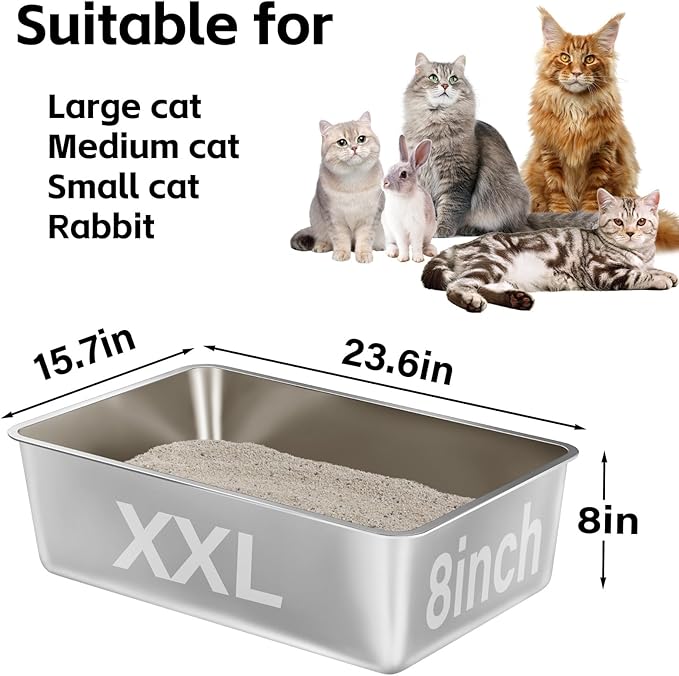 2 Pack Stainless Steel Litter Box-XXL Metal Litter Box for Big Cats 8IN Deep, Cat LitterBox-Pet Toilet Easy to Clean,High Sided Cat Litters Boxes Adult Cats,Non Stick, No Smell-PawvioPets