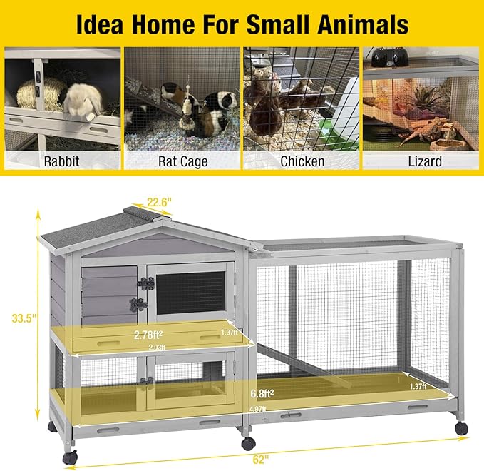 Aivituvin Rabbit Hutch Outdoor Indoor Rabbit Cage Chikcen Coop with Casters Guinea Pig Cage with 3 Deep No Leakage Pull Out Tray,Waterproof Roof-PawvioPets