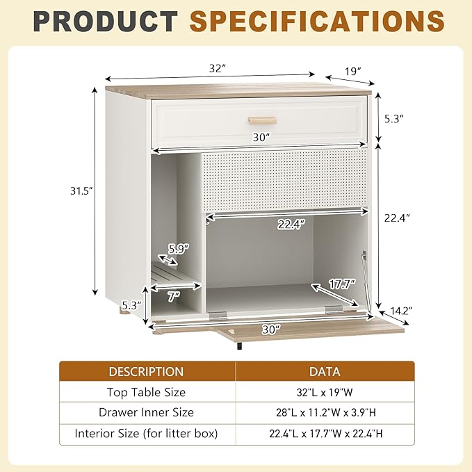 Cat Litter Box Enclosure - Indoor Litter Box Furniture Hidden with Drawer and Door - 32"x19"x32"H-PawvioPets