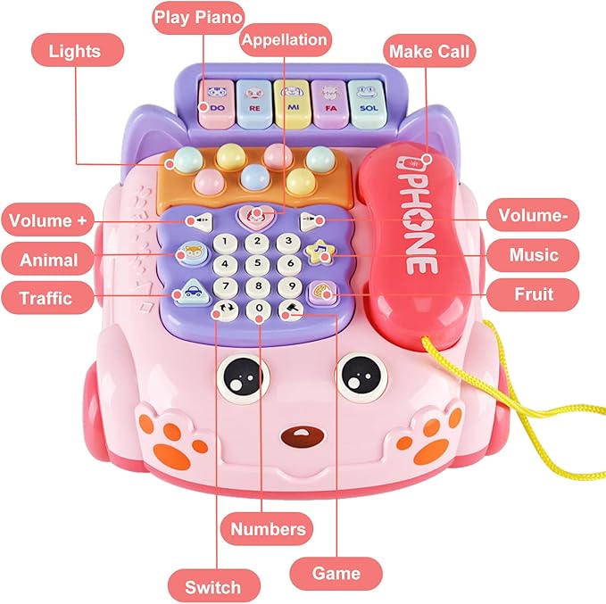 Baby Phone Toy,Baby Toy Phone Cartoon Baby Piano Music Light Toy Children Pretend Phone, Kids Cell Phone Girl with Light Parent-Child Interactive Toy Gift Game Boy Girl Early Education Gift Pink 18M+-PawvioPets