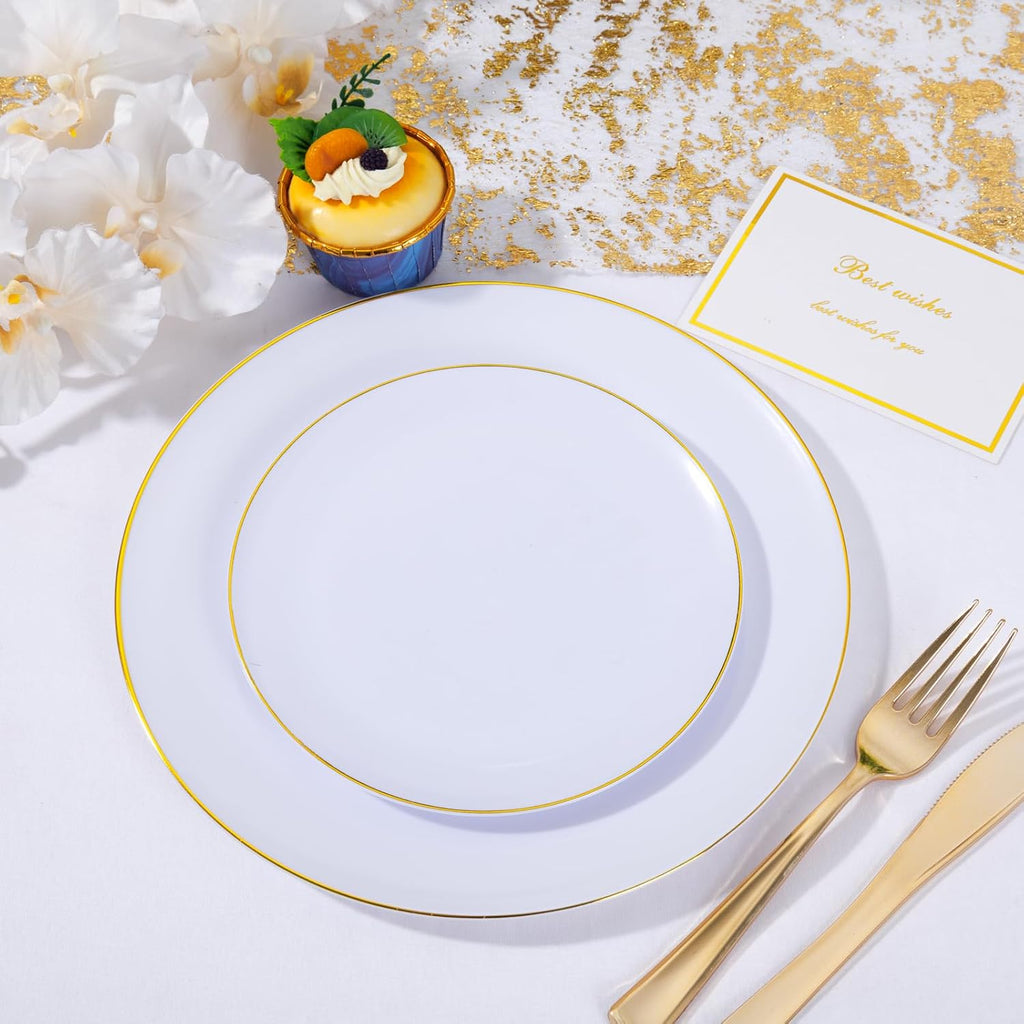 KIRE 175PCS Gold Plates Disposable - Heavy Duty White and Gold Plastic Plates Dinnerware Sets - 25 for Dinner 25 for Dessert 25 Pre Rolled Napkins and 25 Cups for Birthday/Thanksgiving Party/Wedding