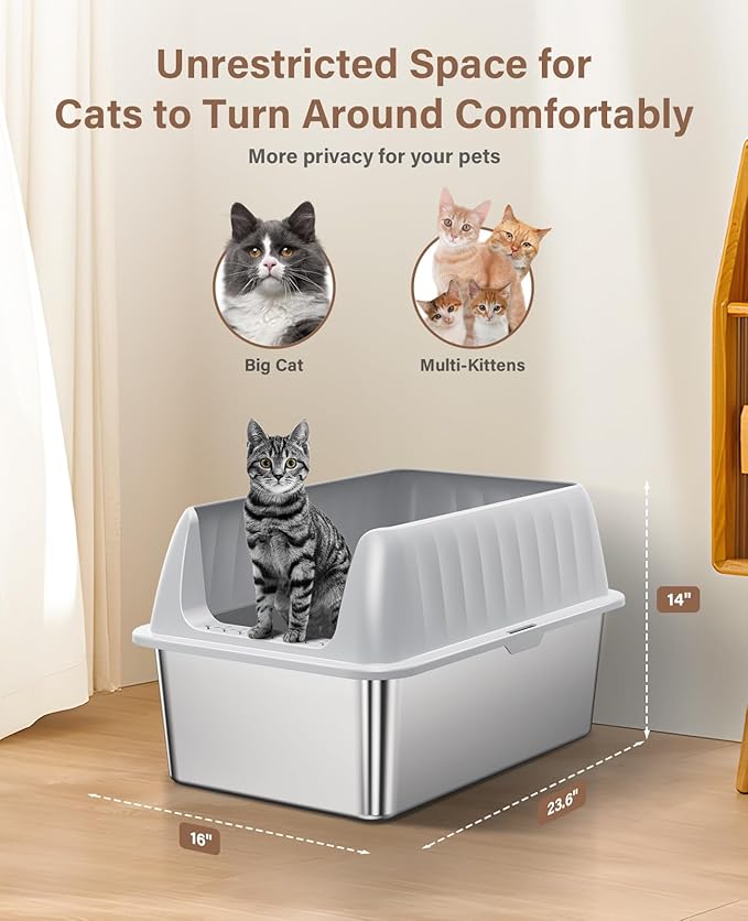 Cat Litter Box Stainless Steel XL with Lid, Enclosed Metal Extra Large Litter Box Pan High Sided with Scoop for Big Cats, Non-Sticky, Anti-Urine Leakage, Easy Cleaning-PawvioPets