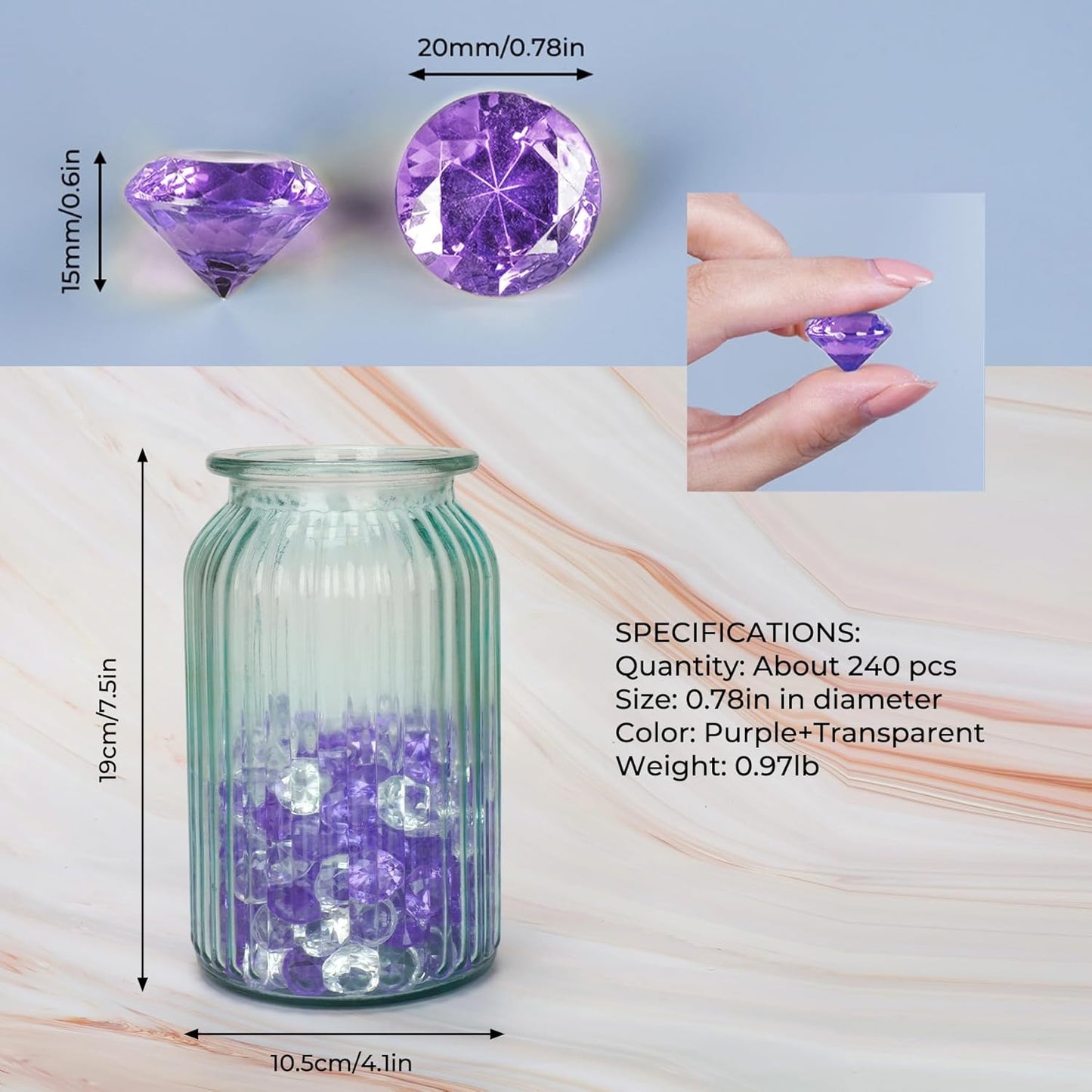 Acrylic Diamond Fake Gems Vase Filler, Babenest 240pcs 3/4 Inch Faux Diamonds Crystals Jewels for Table Scatters Wedding Party Event Arts & Crafts Birthday Decoration (240, Purple/Clear)