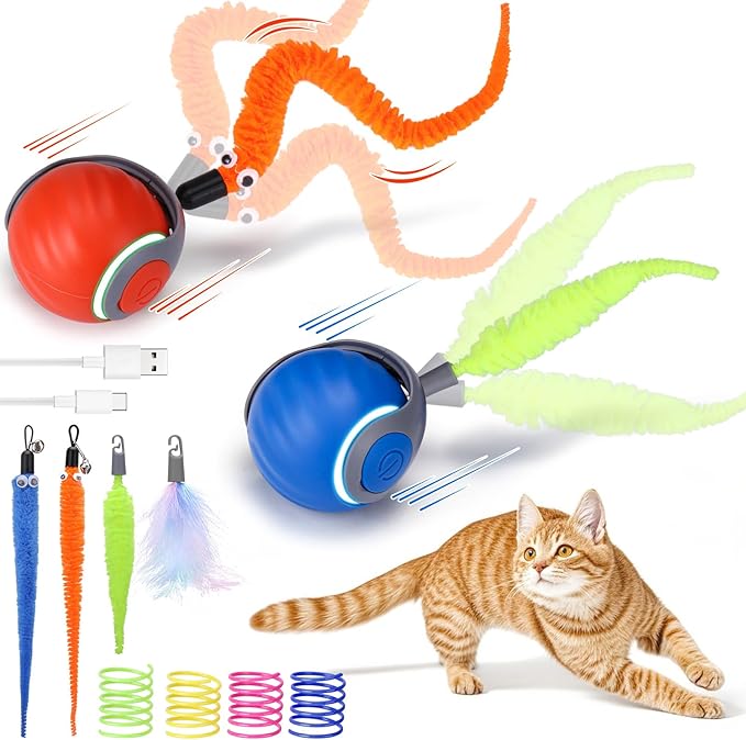AIERSA 2Pcs Interactive Automatic Cat Toys for Bored Indoor Adult Cats,Self Play Speed Tail Toy with 3 Tails and 4 Springs-PawvioPets