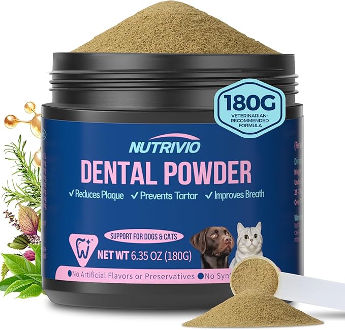 Dental Powder for Dogs & Cats - 5 Strains of Probiotics with 10B CFU, Natural Ingredients for Plaque & Tartar Control, Fresh Breath Oral Care,Safe for All Breeds & Ages Pets - 6.35oz(180g)-PawvioPets