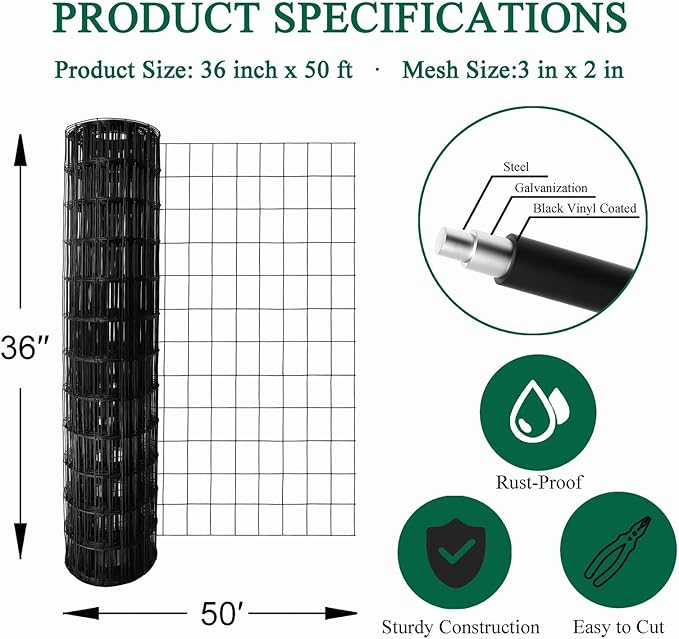 Black PVC Coated Welded Wire Fence 36 Inch x 50 Foot, 2 Inch x 3 Inch 16GA, Garden Border Fencing Roll Vinyl Coating Metal Wire Mesh for Yard Vegetable Plant Protection Poultry Netting-PawvioPets