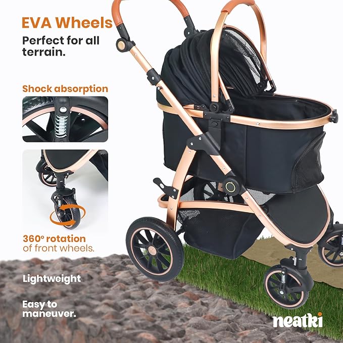 3 in 1 Pet Stroller - Stroller for Small to Medium Dogs and Cats up to 55 lbs, with Detachable Carrier/Car Seat, Foldable and Lightweight, Detachable Cushion + Cup Holder (Black/Gold)-PawvioPets