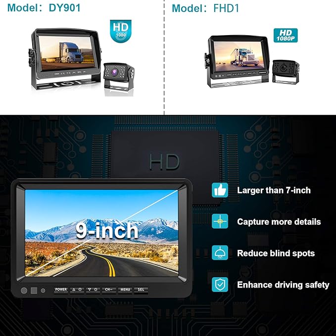 Fookoo Ⅱ HD Backup Camera System Kit, 9" 1080P Reversing Monitor+IP69 Waterproof Rear View Camera, Sharp CCD Chip, 100% Not Wash Up, Truck/Semi Trailer/Box Truck/RV (DY901-Wired)-PawvioPets