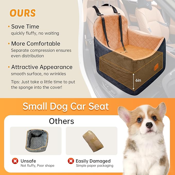 Dog Car Seats for Small/Medium Dogs, FurFrolic Memory Foam Dog Booster Seat for Small Dogs up to 35 lbs, Travel Pet Car Seat with Washable Detachable Cover, Storage Pockets, 2 Safety Belt, Black Brown-PawvioPets