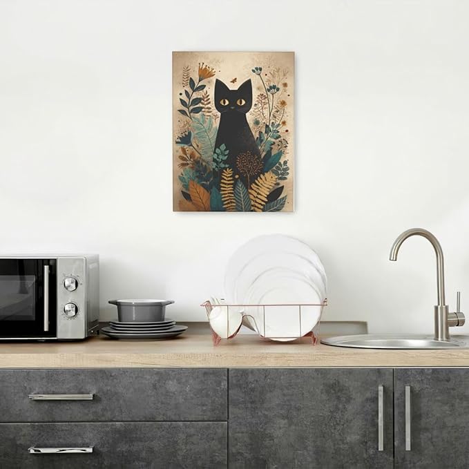 Boho Black Cat Wall Art Kitten Botanical Wall Decor Mid Century Modern Canvas Painting Print Minimalist Pictures Artwork Framed Decorations Gifts for Cat Lover Bathroom Nursery Living Room Bedroom Kitchen 12"x16"-PawvioPets