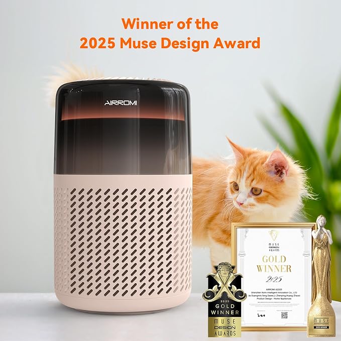 AIRROMI Air Purifier for Bedroom Home,HEPA Filter,Covers Upto 549 Ft²,Quiet 360°intake Air Cleaner with Fragrance ponge for Better Sleep,Night Light,Filters Smoke,Pet Dander,Allergies,Dust,A2005 Beige-PawvioPets