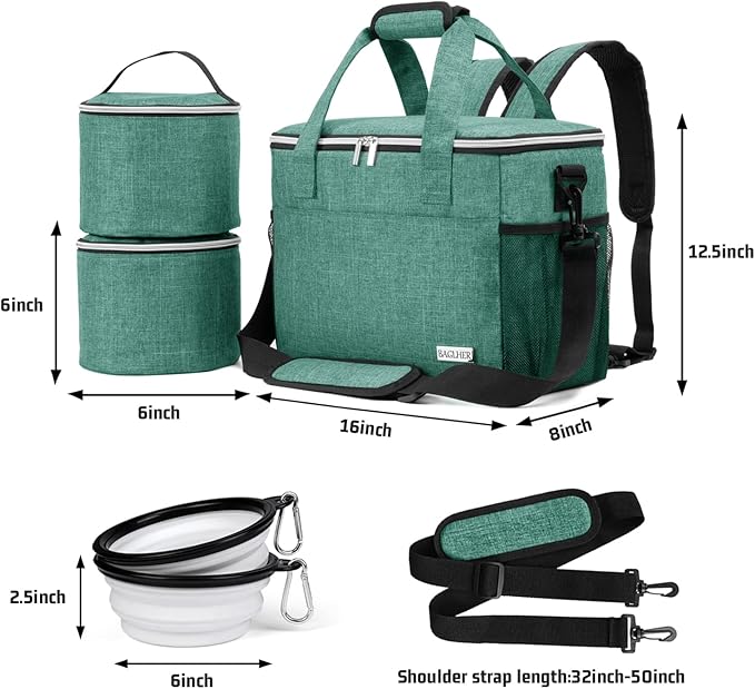 BAGLHER Dog Travel Bag Backpack Pet Supplies Backpack Pet Accessories Storage Bag 5-Piece Set with Shoulder Strap 2 Lined Pet Food Containers 4 Foldable Feeding Bowls Essential Kit for Pet Travel-PawvioPets