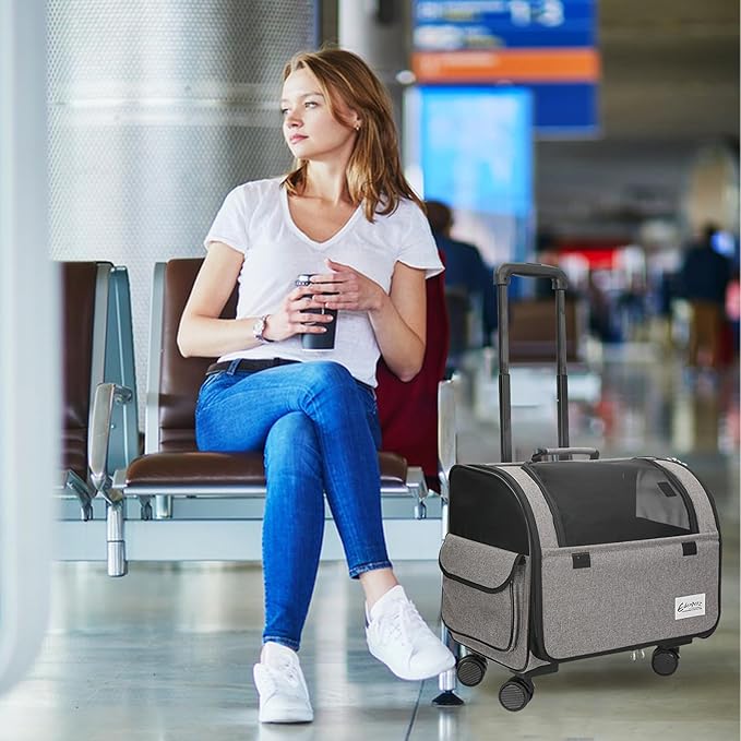 Dog Travel Bag with Removable Rolling Wheels, Airline Approved Pet Carrier, Foldable Cat Bag with Breathable Mesh, Pet Stroller(Grey)-PawvioPets