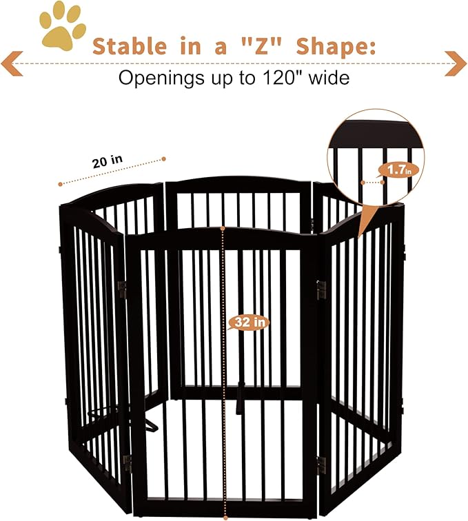 Freestanding Pet Gate for Dogs, Indoor Wooden Foldable Dog Gate for House, Extra Wide, Pet Fence for Stairs, Doorways, Halls, Support Feet Included, 120 Inch Wide, 6 Panels 32",Brown-PawvioPets