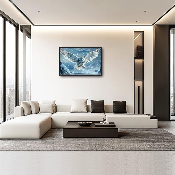 Framed Large Snowy Owl Wall Art for Living Room, Oversized Snowy Mountain Wall Decor Landscape Canvas Painting Modern Artwork Home Decoration for Living Room Bedroom Office 36"x24"-PawvioPets