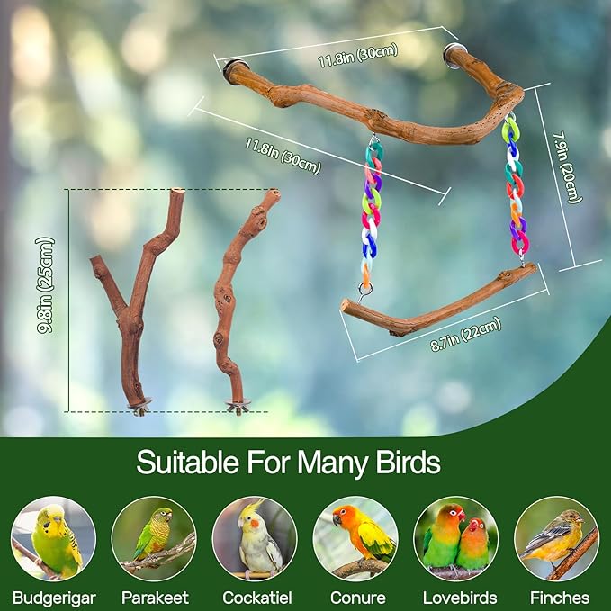 Bird Swing Toys, Standing Bird Perch with Natural Grape Wood, U Shape Hangable Birdcage Accessories, Birds Chewing Toy for Budgerigars, Parakeets, Cockatiels, Conures, Lovebirds, Finches (3Pack)-PawvioPets