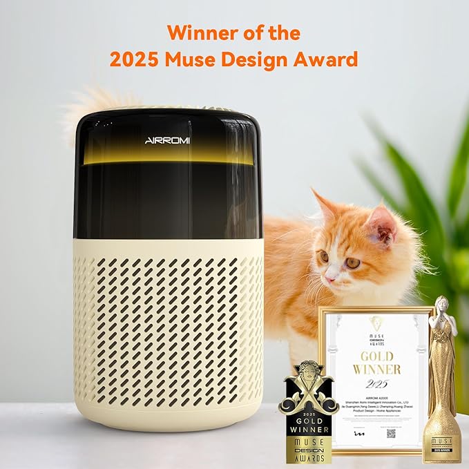 AIRROMI Air Purifier for Bedroom Home,HEPA Filter,Covers Upto 549 Ft²,Quiet 360°intake Air Cleaner with Fragrance ponge for Better Sleep,Night Light,Filters Smoke,Pet Dander,Allergies,Dust,A2005Yellow-PawvioPets