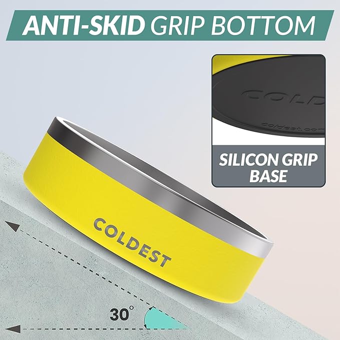 Coldest Dog Bowl - Anti Rust Metal, Non Slip, 3 Layers Insulated Stainless Steel Dog Bowls - Spill Proof & Heavy Duty - Water Bowl for Dogs, Cats & Pets, Dish Washer Safe (42 oz, Solar Yellow)-PawvioPets