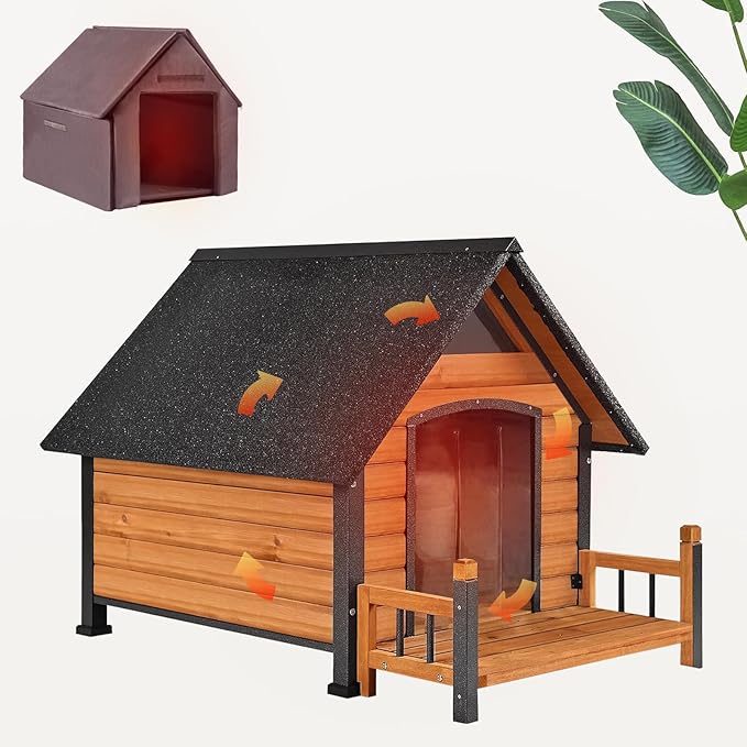 Dog House with Insulated Liner Outdoor Indoor All-Around Iron Frame Design Dog House with Porch＆Raised Feet for Small Medium Large Dogs（Brown）-PawvioPets