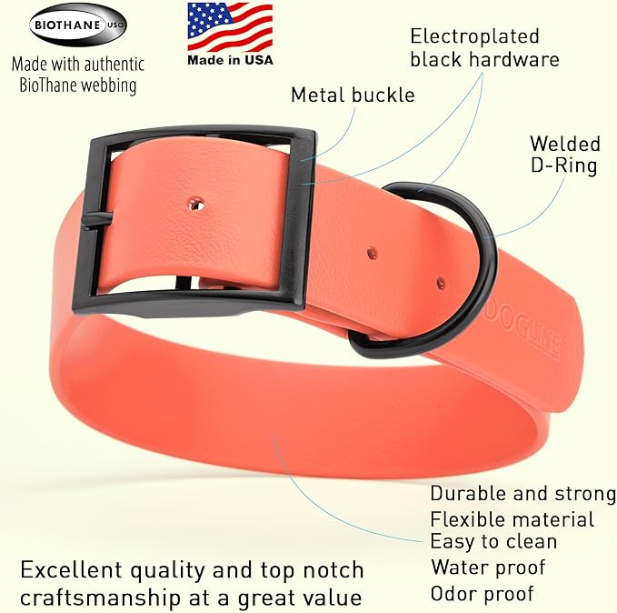 Dogline Biothane Waterproof Dog Collar Strong Coated Nylon Webbing with Black Hardware Odor- Proof for Easy Care Easy to Clean High Performance Fits Small Medium or Large Dogs, Coral-PawvioPets