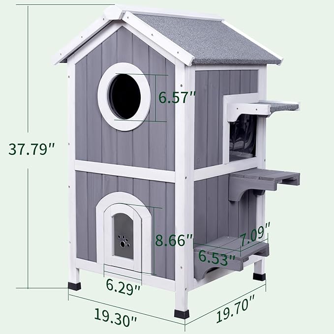 GEGURI Outdoor Cat House Weatherproof, Wooden Two-Story Feral Cat Shelter with Openable Roof, Escape Door, Balcony-PawvioPets