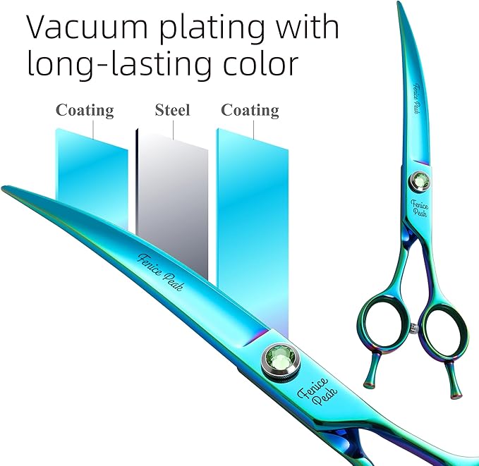 Fenice Peak 7.5'' Green Curved Dog Grooming Scissors Pet Shears with Ergonomic Offest Handle and Simulated Emerald Screw 440C Grooming Scissors Trimming Shears Durable and Sharp-PawvioPets