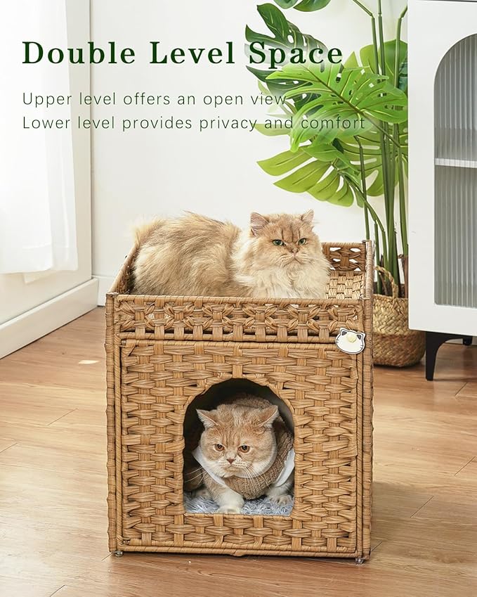 Cat Beds for Indoor Cats Extra Large Double Cat Cave Pet Cube, Handwoven Rattan Cat Houses with Double-Sided Soft Cushions, 18.5 x 20.5 x 19.1 Inches Foldable Hideaway in Living Room Natural-PawvioPets