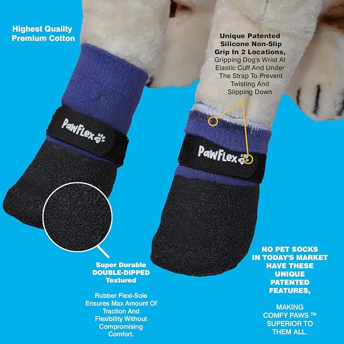 Double Dipped Thick Textured Waterproof Cotton Dog Socks | PawFlex Comfy Pawz Soft Indoor/Outdoor Pet Booties | Non-Slip Silicone Grip at Inner Wrist for No Twisting or Sliding Off| Adjustable Strap-PawvioPets
