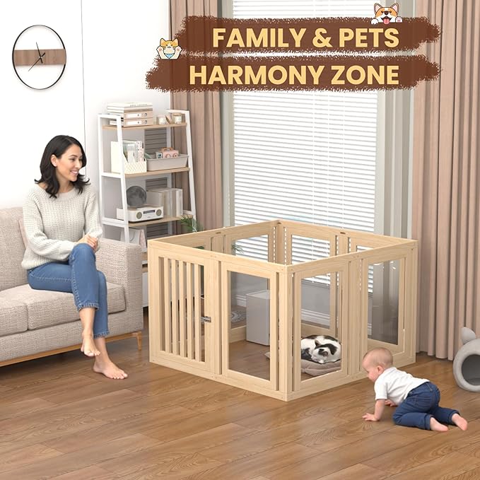 8 Panels Dog Playpen with Door, 23.6" H Pet Playpen Indoor, Clear Acrylic Puppy Playpens, Wooden Puppy Fence with Gate, Transparent Dog Pens, Pet Pen Indoor for Dogs, Cats, Rabbit, Small and Medium-PawvioPets