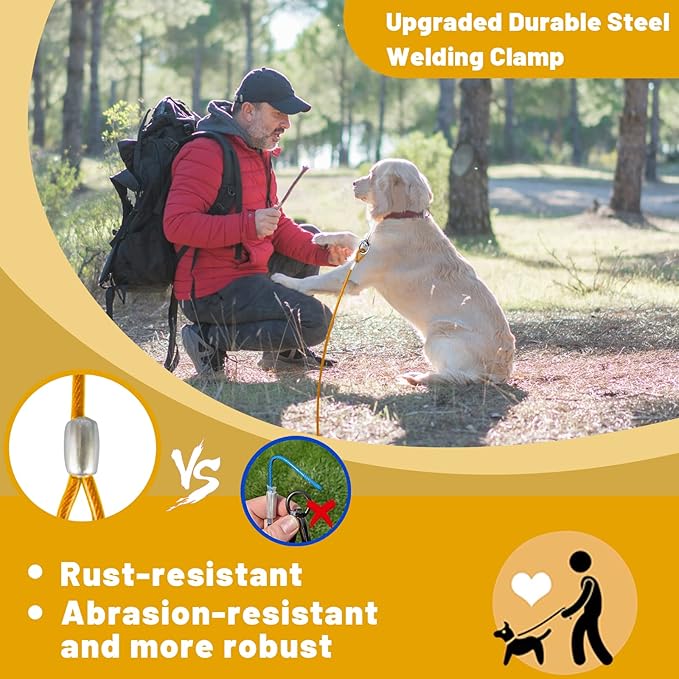 Dog Tie Out Cable 10/15/20/25/30 FT Runner for Yard Steel Wire Cable with Durable Superior Clips Yellow Chains for Outside Dog Lead for Large Up to 165 Lbs-PawvioPets