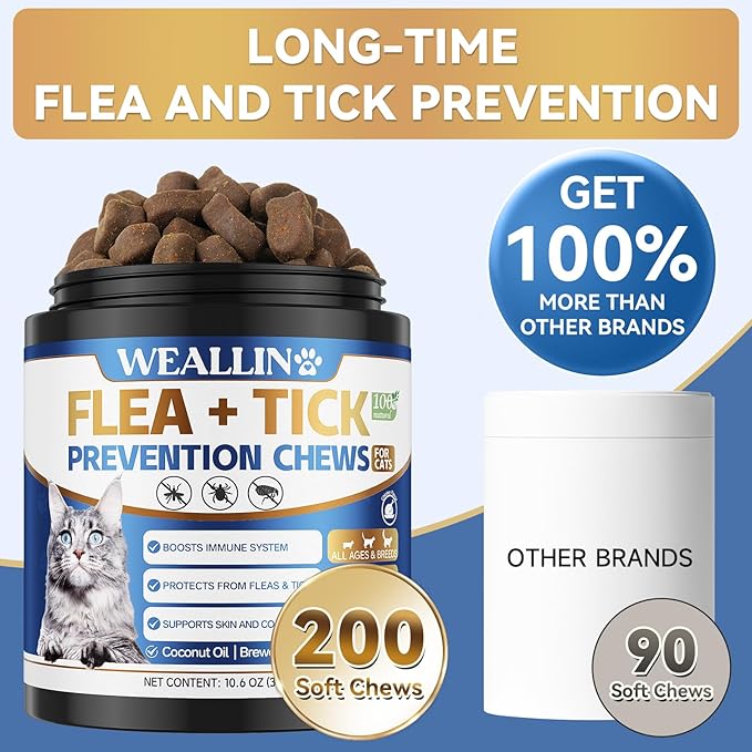 Flea and Tick Prevention for Cats, 200 Soft Chews for Fleas Treatment for Cats, Natural Cat Oral Flea Chewables Support Supplement, Flea and Tick Chews for All Breeds & Sizes-PawvioPets