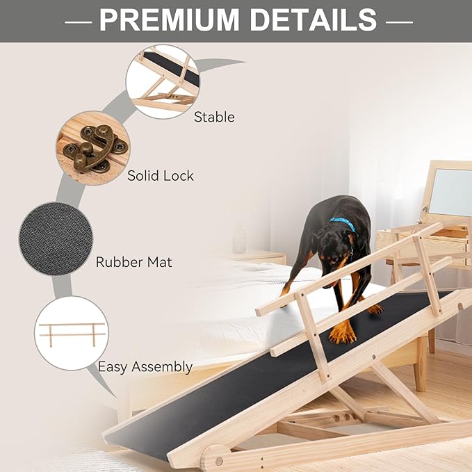 ABORON Folding Wooden Extra Long Dog Ramp, Non-Slip Rubber Mat, 63" Long for High Bed/Couch/Car, 5 Levels Adjustable Pet Ramp, 17.7'' Wide, Supports Small & Large Senior Dogs & Cats up to 200 lbs-PawvioPets