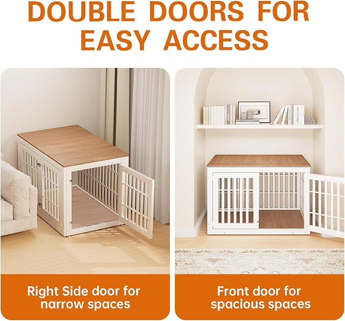 48" Heavy Duty Dog Crate Furniture for Small,Medium and Large Dogs,Rustic Wooden Dog Cage Kennel Indoor Furniture with Waterproof Top,Decorative Pet House Side End Table (White & Wood)-PawvioPets