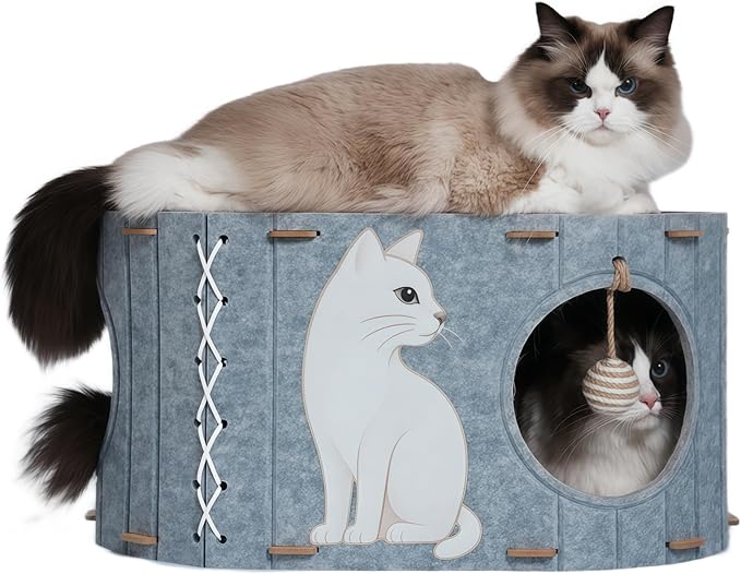 2-in-1 Large Cat House for Indoor Cats, Felt Cat Cave with Cushion, Dual Entrances & Sisal Ball Toy, Enclosed Bed for Large Cats or Multi-Cat Use, Supports 88 lbs-PawvioPets