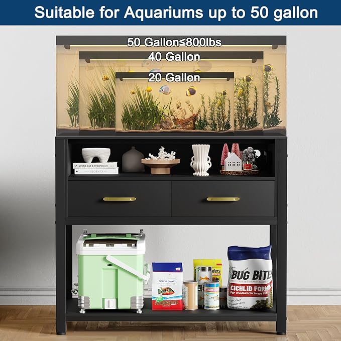 40-50 Gallon Fish Tank Stand with Power Outlet & 2 Storage Drawers, Heavy Duty Metal Frame Aquarium Stand with Waterproof Mat, 36.6" L*19.1" W Tabletop, 800LBS Capacity, Black-PawvioPets