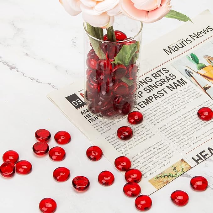 FUTUREPLUSX 1LB Red Glass Beads, Flat Glass Marbles Burgundy Pebbles Marbles for Vases Decorative Red Colored Gemstones Fish Tank Table Scatter Decor Art Craft-PawvioPets