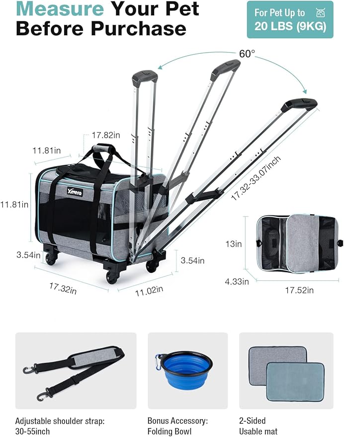 Dog Cat Carrier with Wheels, Airline Approved Pet Carrier for Cats Dogs 15lbs 20 lbs with Double-Sided Mat, Safety Leash and Shoulder Strap, Grey-PawvioPets