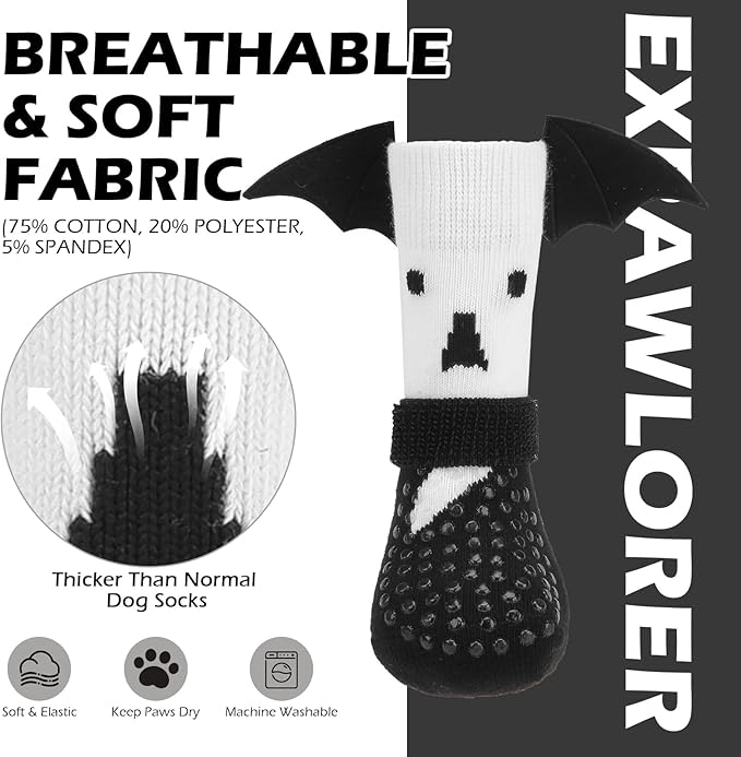 EXPAWLORER Halloween Anti Slip Dog Socks to Prevent Licking Paws, Boots & Paw Protectors with Grippers,Doggie Booties for Hardwood Floors for Small Medium Large Senior Dogs Costume White Ghost Wings S-PawvioPets