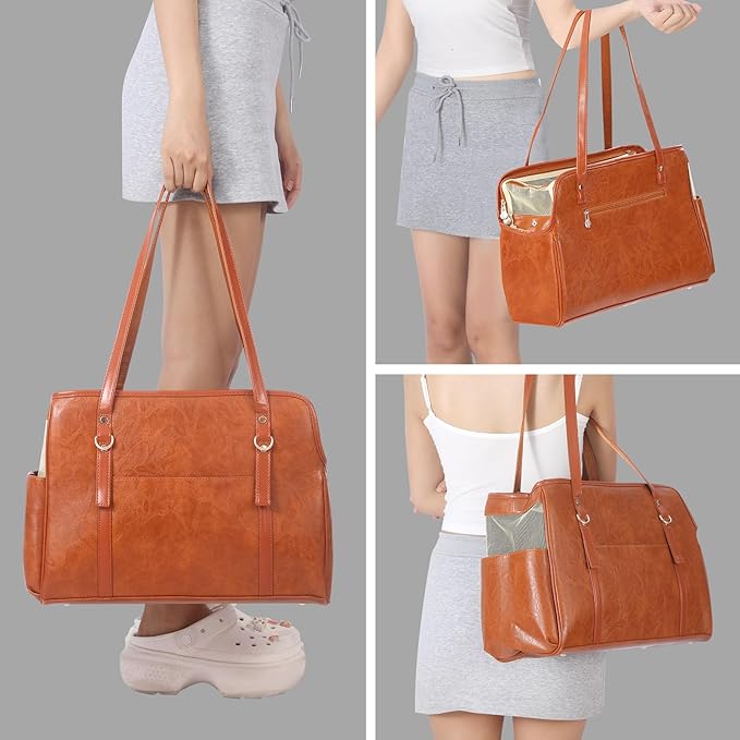 Dog Carrier Purse, Fashion Leather Pet Carrier with Pockets, Airline Approved Soft Sided Dog Carrying Bag for Puppy Cat Dog Brown-PawvioPets