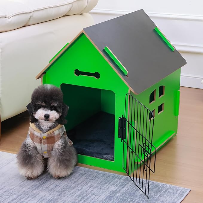 Dog House Indoor for Small Dogs or Cats, Cozy Wooden Design, Small Indoor Bed House, with Air Vents and Elevated Floor Warm Dog Cave (Green)-PawvioPets