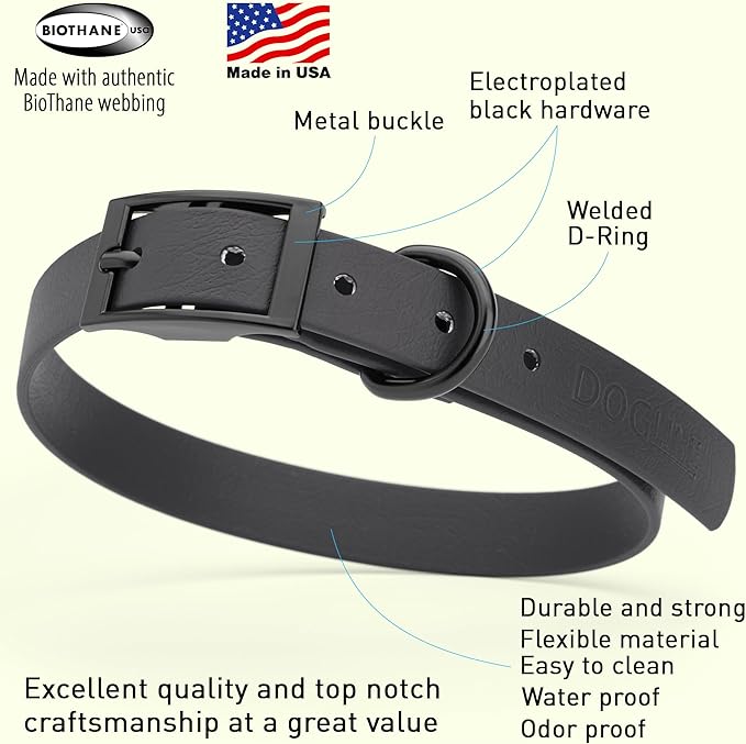 Dogline Biothane Waterproof Dog Collar Strong Coated Nylon Webbing with Black Hardware Odor- Proof for Easy Care Easy to Clean High Performance Fits Small Medium or Large Dogs, Black-PawvioPets
