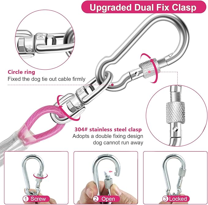 Dog Tie Out Cable for Outside,10FT Long Dog Leash&Chains with Swivel Hook,Small-Large Dogs Runner Cable for Yard,Heavy Duty Dogs Lead Line for Outdoor and Camping (500lbs 10FT, Pink)-PawvioPets