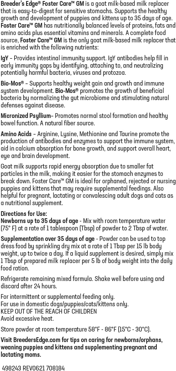 Breeder's Edge Foster Care GM - Goat Milk Based Powdered Milk Replacer - Puppies , Kittens , Cats & Dogs Formula - Easy Digestion - 5 lb-PawvioPets