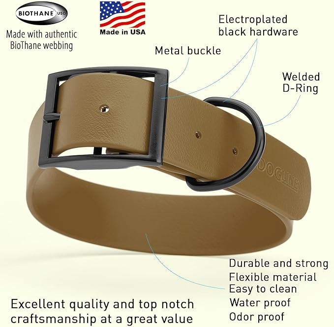 Dogline Biothane Waterproof Dog Collar Strong Coated Nylon Webbing with Black Hardware Odor- Proof for Easy Care Easy to Clean High Performance Fits Small Medium or Large Dogs, Coyote Brown-PawvioPets