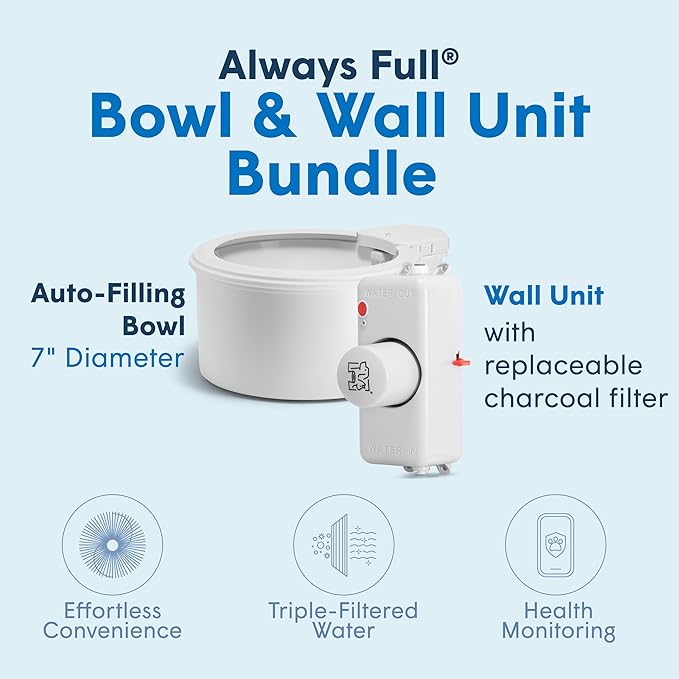 Always Full® 7" Pet Water Bowl and Wall Unit Bundle – Self-Refilling, Clean Filtered Water, Easy Home Connection, App-Enabled Hydration Tracking, Cat and Dog Water Bowls-PawvioPets